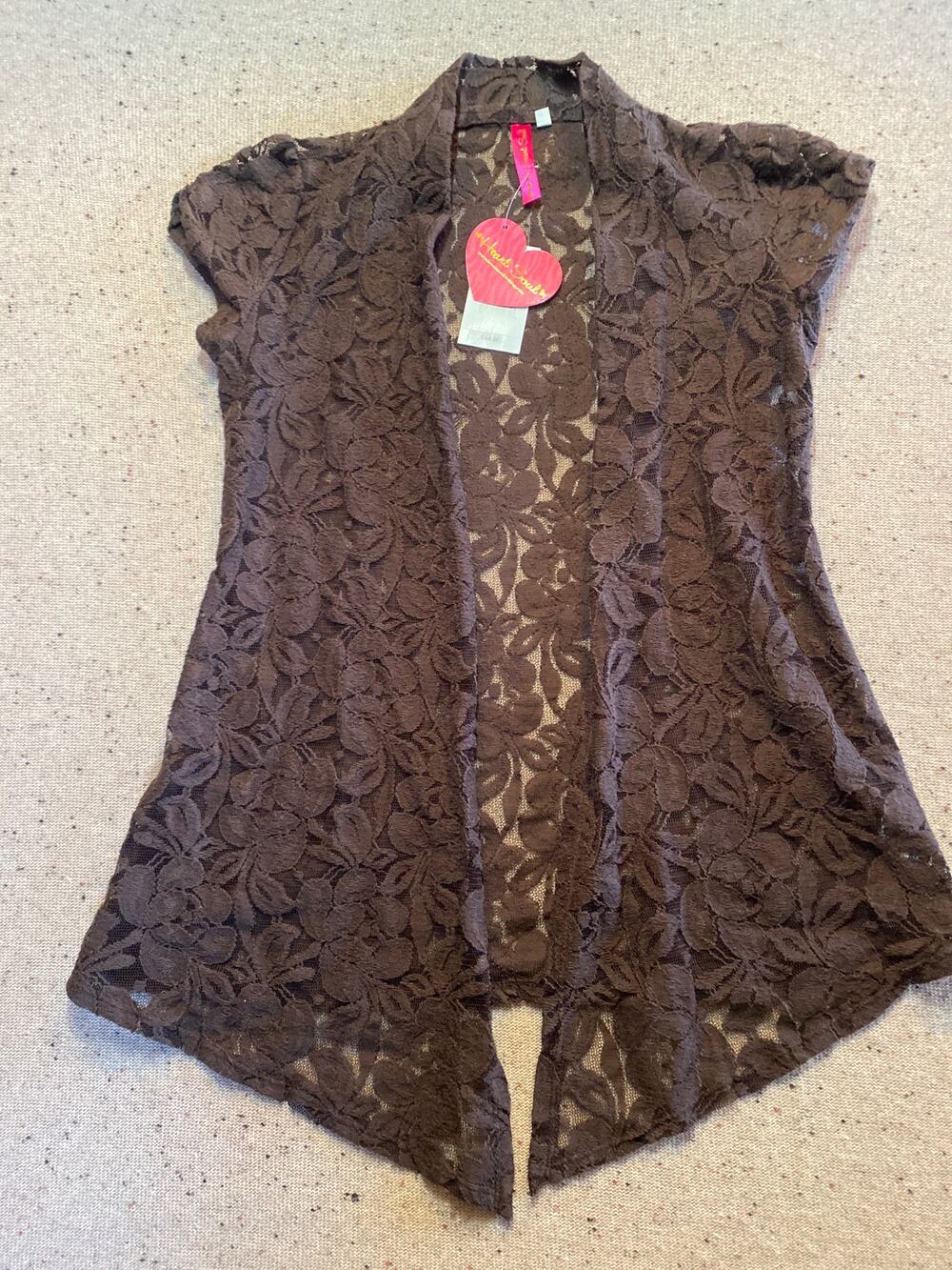 Brown Lace Open Short Sleeve Cardigan XS Y2K Romantic Coquette Fairy NWT